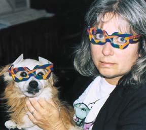 dog and woman wearing 3D glasses image